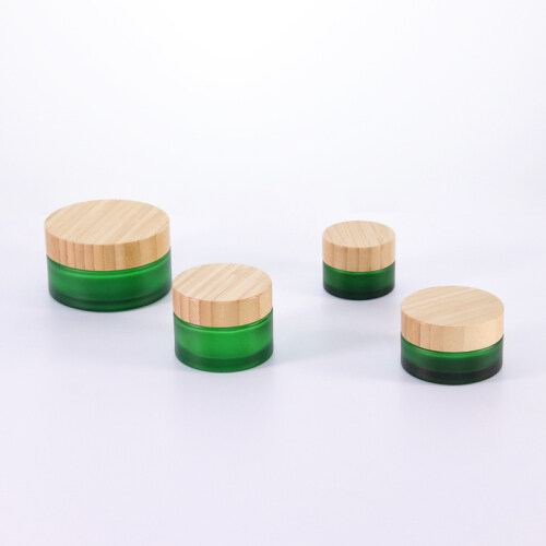 Luxury Empty Green Frosted Skincare Containers 20g 30g 50g Cosmetic Packaging Cream Jars with Bamboo Lid Glass Jar