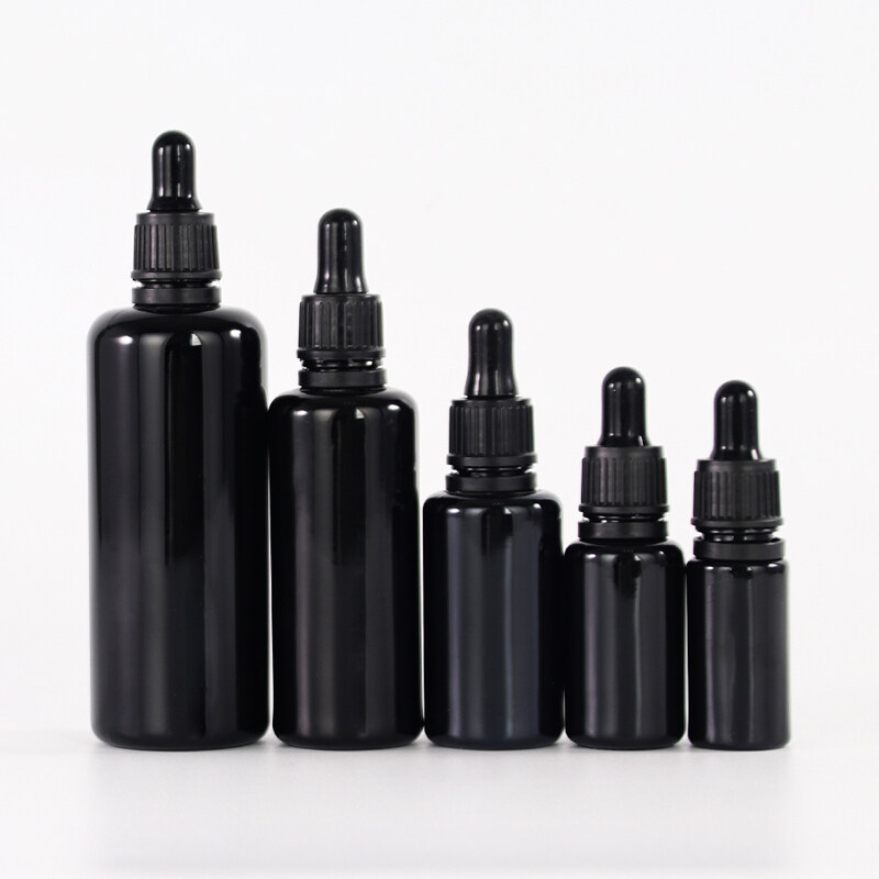 5ml 10ml 15ml 20ml 30ml 50ml 100ml uv black glass dropper bottles for beard oil/essential oil /cosmetic essential glass bottle