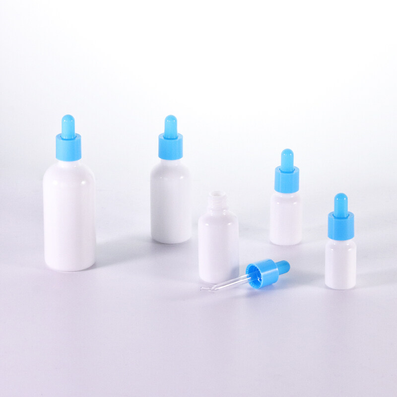10ml 15ml 30ml 50ml 100ml empty opal white  glass bottles with blue dropper for essential oil