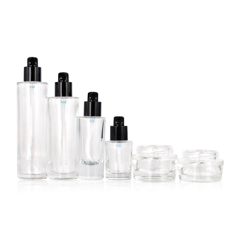empty cosmetic face lotion glass bottle cream jar package set with black lotion pump