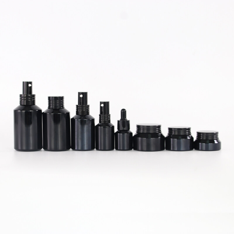 high end opaque black cosmetic glass bottle and jar pump bottle for lotion serum cream full set