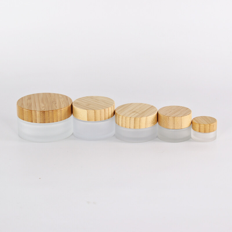 In stock 5g 15g 30g 50g 100g 200g cosmetic bamboo lid glass jar, 50g face cream frost glass jar with bamboo lid