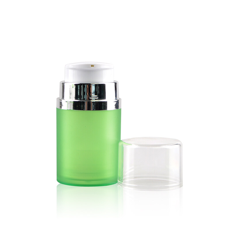 Green frosted acrylic cosmetic airless jar with silver lid for cosmetic packaging