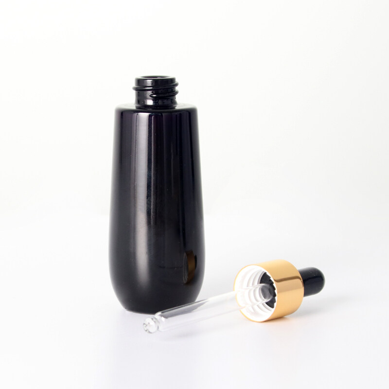 Wholesale Custom Luxury Black dark violet glass cosmetic oil dropper bottle cosmetics violet glass lotion spray pump bottles