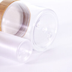Factory price 100ml transparent frosted pet plastic bottle with bamboo lid 250g clear pet plastic jar with bamboo lid