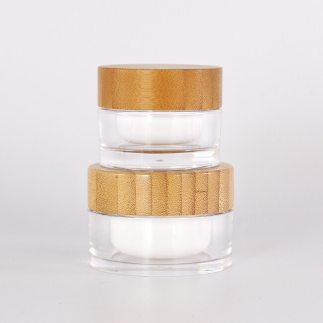Personal skin care packing 15g 30g 50g 100g plastic cylinder container acrylic cream jars pot with bamboo wooden lid