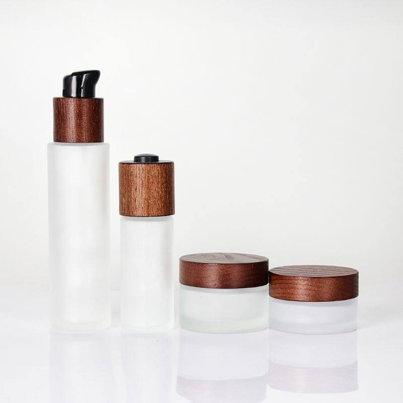Eco-friendly Frosted Glass Cosmetic Bamboo Cap Bottle With Ash tree wooden Spray lid Glass Pump Bottles for Cosmetics