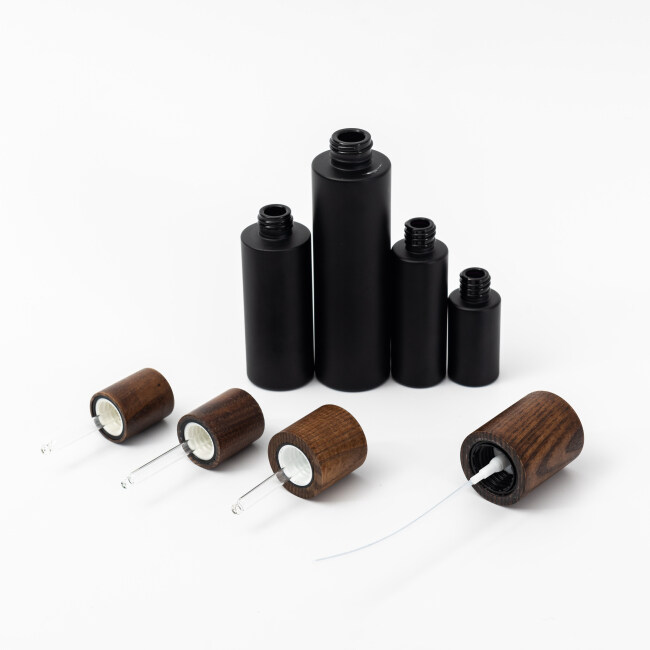 10ml 30ml black frost glass bottle cosmetics packaging matte black glass bottle with bamboo press dropper