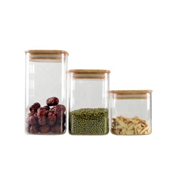 650ml 1050ml 1350ml Home goods sealed air tight square storage glass jar with wooden lid