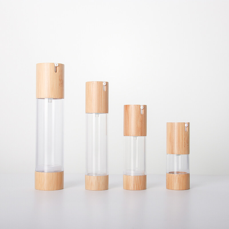 High-grade vacuum bottle bamboo wood U-shaped head press pump transparent glass bottle