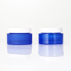 wholesale 50g frosted painting blue color round glass cream jar with white plastic cap for skin care cream