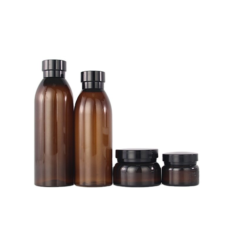 Amber plastic PET cosmetic personal care bottle and cream jar