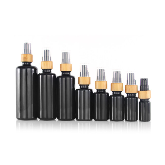 10ml 15ml 30ml 50ml 100ml opaque black glass bottle with bamboo pump injection black glass bottles