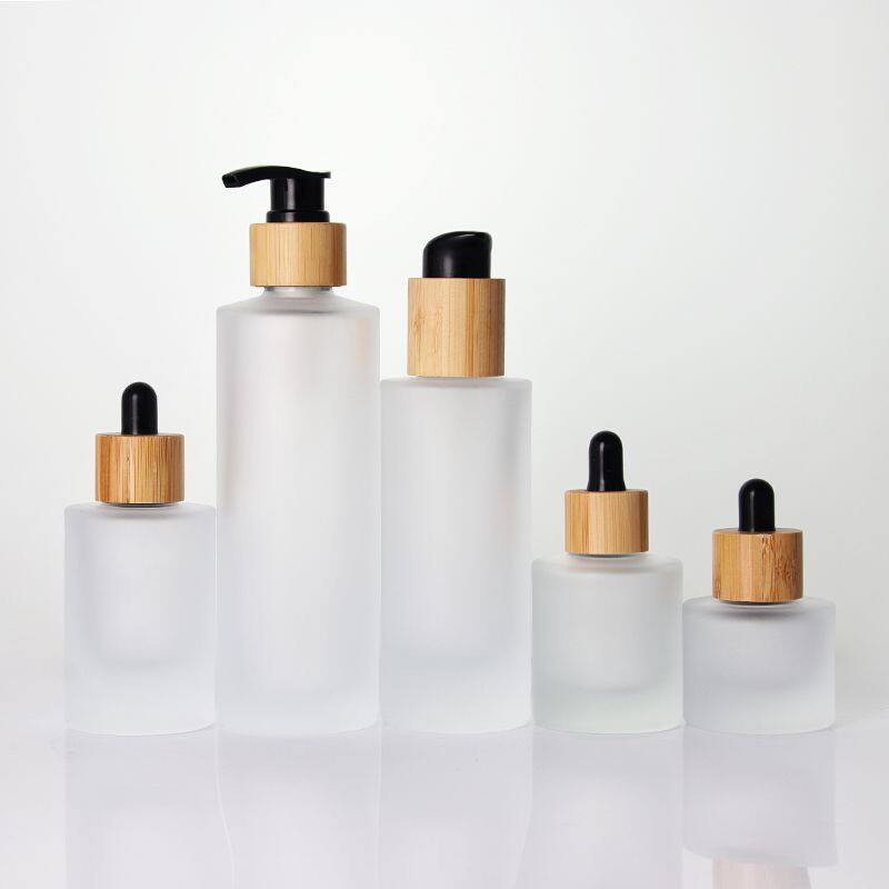 Read to ship Shoulder Round Shape Luxury Skincare Serum Essential Oil  bamboo lid Clear Glass Thick Bottom Dropper Bottle