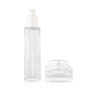 Clear cosmetic skincare glass lotion pump bottle and cream jar with gold screw top