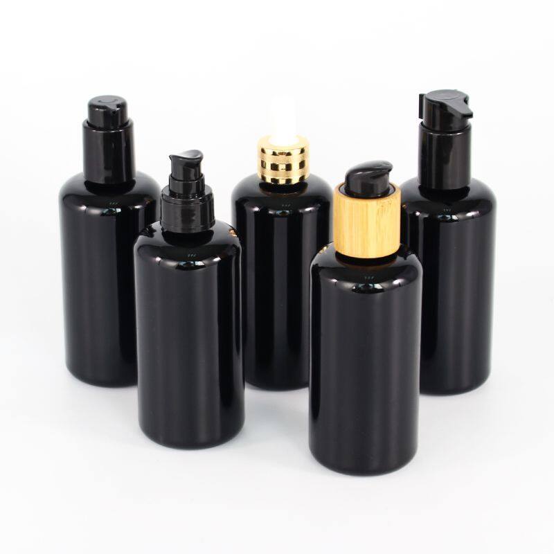 Opaque true black round shoulder 200ml glass pump bottle, cosmetic glass lotion bottle