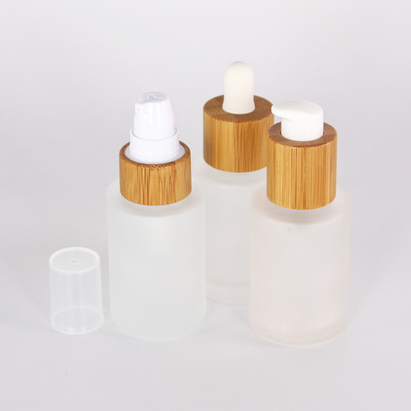 In stock 30ml 50ml 100ml 120ml 150ml frosted glass bottle with bamboo pump cosmetic usage for glass bottle