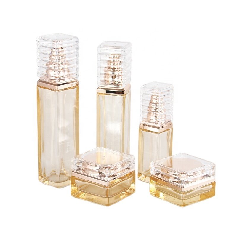 Square glass bottle and jar for skin care package champagne color lotion bottle and cream jar in glass