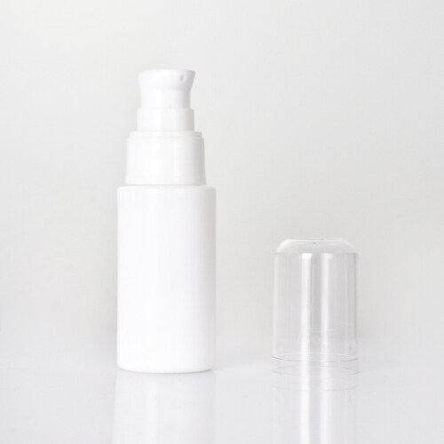 Opal white essential oil glass bottle with white spray pump and transparent protective cover,cosmetic spray pump glass bottle