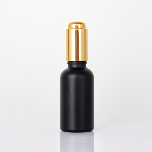 Ready to ship 30ml round shape frosted black glass bottle with luxury golden press dropper for essential oil