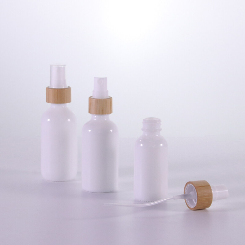 Bamboo wood cover series opal white  glass lotion bottle press pump  essential oil skin care products empty bottle