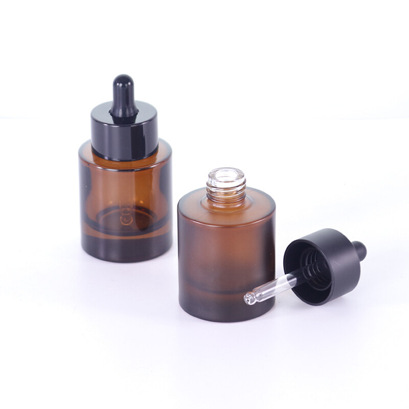 high end amber clear thick bottom 30ml flat shoulder round glass dropper bottle for essential oil serum bottle