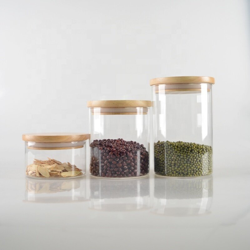 wholesale custom borosilicate glass jar food with oak lid airtight jar