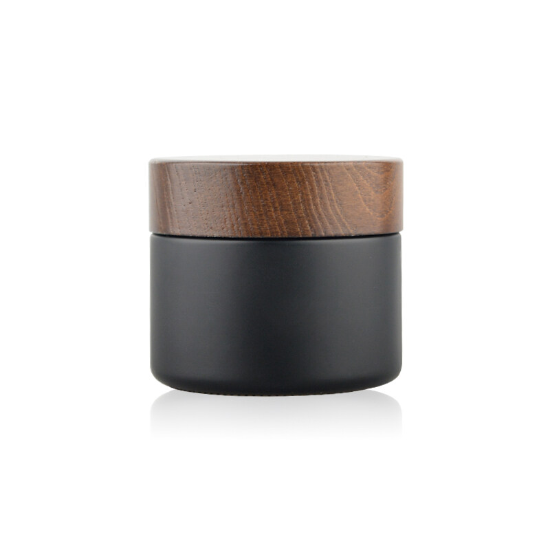 20g 50g 100g Matte black frosting glass jar cosmetics packaging black glass cosmetic jar with ashtree wood lid