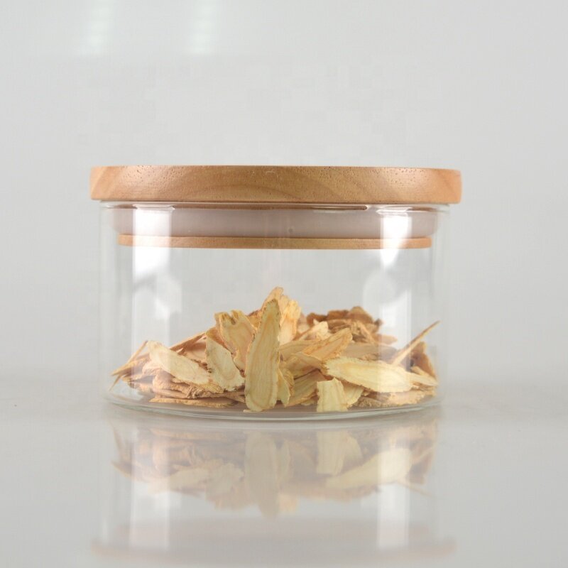 wholesale custom borosilicate glass jar food with oak lid airtight jar