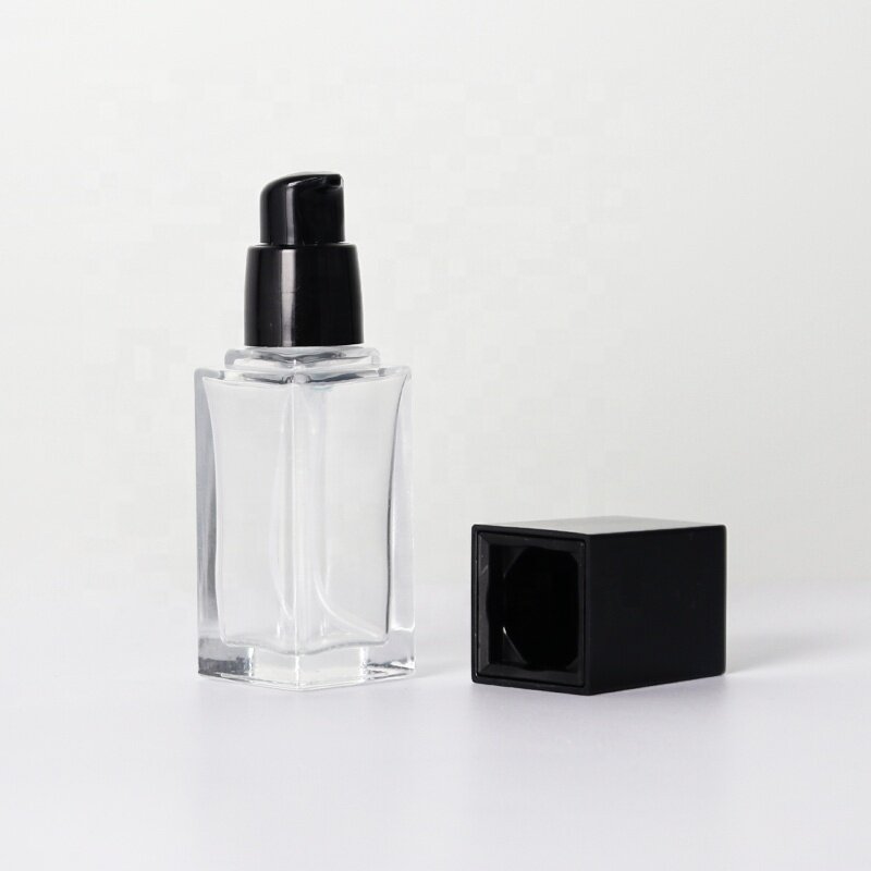 30ml square glass bottle with black serum pump and cover clear glass bottles for serum and lotion storage