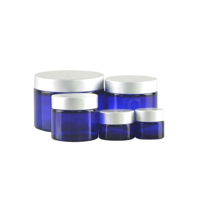 New arrival 10g 20g 60g 150g 300g cobalt blue glass jars with ABS silver plastic cap