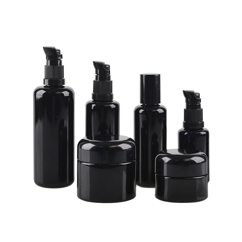 Dark Violet Glass Cosmetic Pump Bottle and Jar