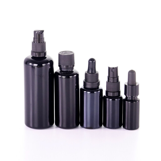 Hot selling cosmetic dropper glass perfume spray bottle,cosmetic black cream glass jar and glass bottle