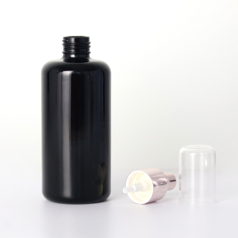 Opaque true black round shoulder 200ml glass pump bottle, cosmetic glass lotion bottle