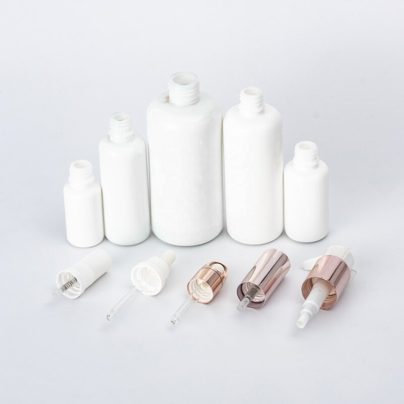 Opal white glass bottle for skin care package lotion and serum bottle in white color