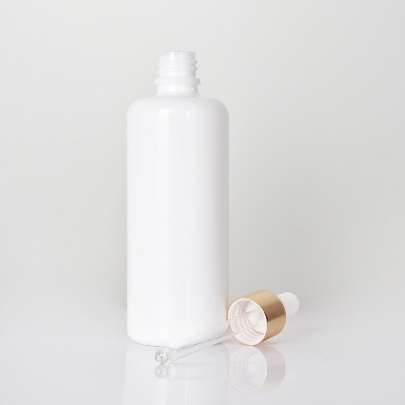 100ml custom round shoulder opal white  glass bottle with electroplated golden white rubber dropper