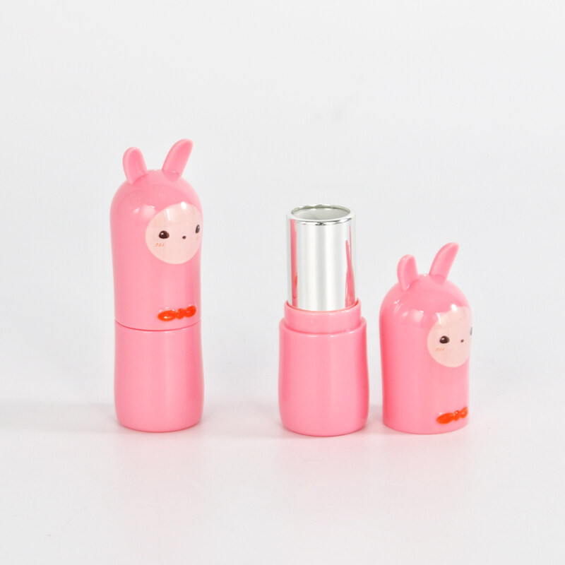 3g pink round plastic empty lipstick tube with cartoon pattern pink cap