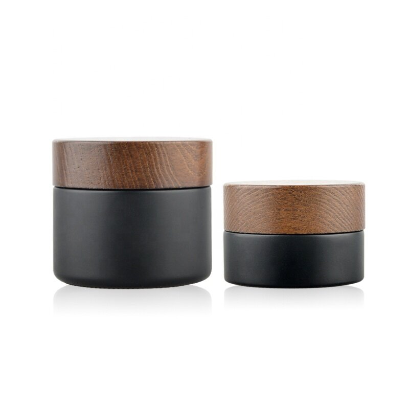New arrival black frosted cosmetic glass cream jar with wooden cap
