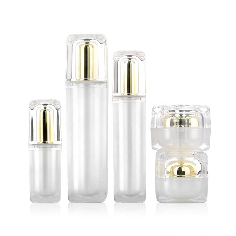 New arrival square pearl white acrylic jars and bottles for cosmetics