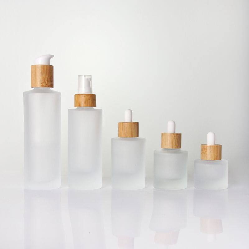 30ml Flat Shoulder Round Shape Luxury Skincare Serum Essential Oil  bamboo lid Clear Glass Thick Bottom Dropper Bottle