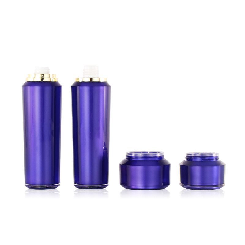 Purple plastic acrylic cosmetic packaging 80ml plastic toner or lotion bottle and cream jar