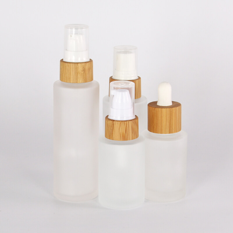 Cosmetic frosted glass cream jar lotion spray pump bottle friendly ecological bamboo lid wood cap skin care packaging