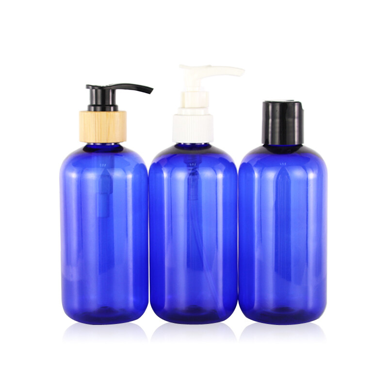 High Quality cosmetic 250ml blue color plastic spray pump bottle with nozzle Bamboo wooden lid,cosmetic plastic pump bottle