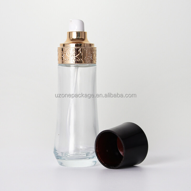 120ml stylish glass bottle with black and gold lid clear glass bottle for skin care special shape bottle for serum and lotion