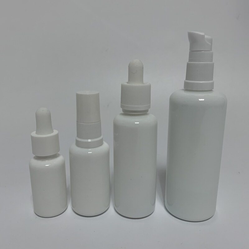 Glass Skin Care White Custom Empty Dropper Bottle, Frosted Dark Press Pump 1 Oz Opal White Glass round glass Bottle