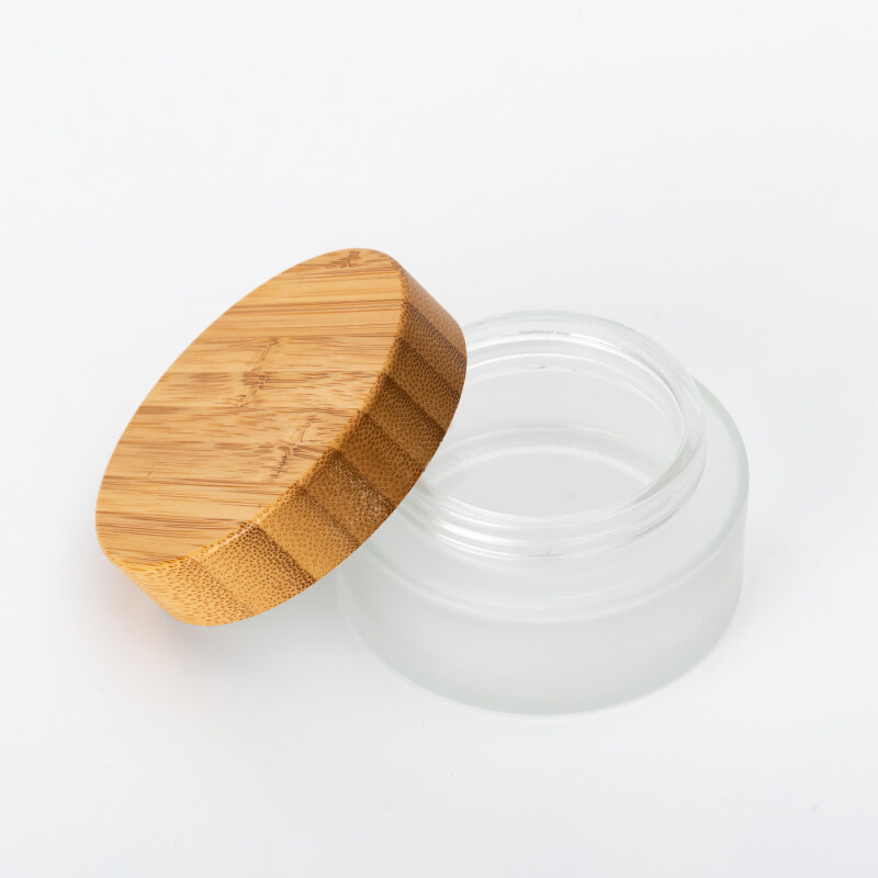 Natural Bamboo cap skincare body lotion cosmetic packaging 30g 50g 100g glass empty container frosted cream jars with lid