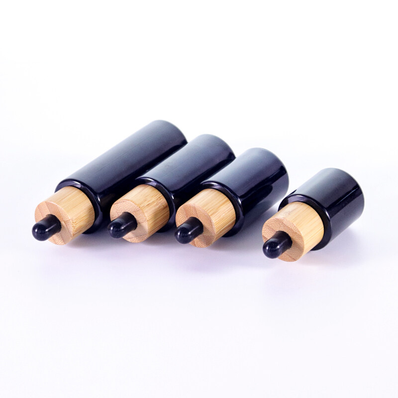 cosmetic oil serum black glass bottle with bamboo dropper 20ml 30ml 40ml 60ml bamboo dropper bottle