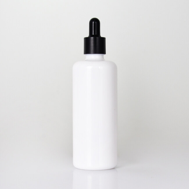 100ml  round shoulder opal white  glass bottle with frosted black dropper