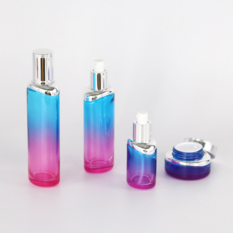 Skincare customized color blue and rose red  glass jar  cosmetic glass bottle sets