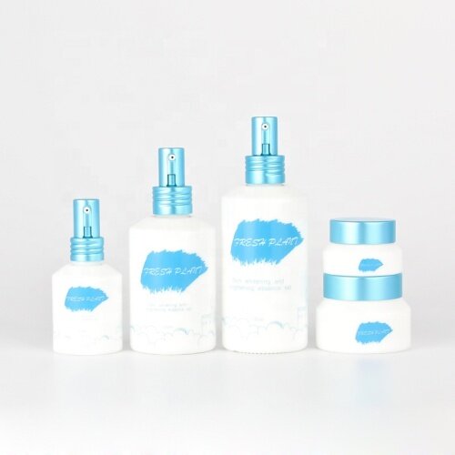 Hot selling opal white glass dropper bottles and jars for cosmetic with blue aluminum pump